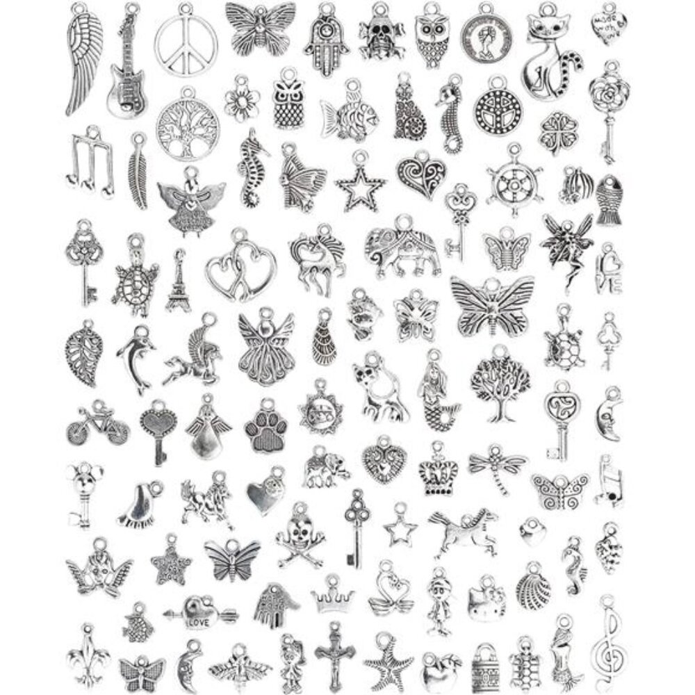100lots Jewelry Making Silver Charms Mixed Smooth Tibetan Metal Charms Pendants